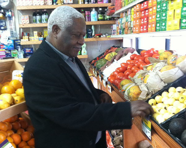 Bill Sherman at Lanka Grocery, which was recently redone by Healthy Retail expert Raul Barrios from City Harvest.