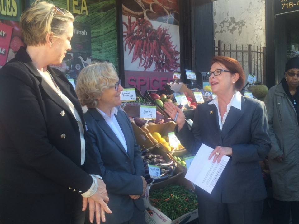 Jilly Stephens, Executive Director of City Harvest, left, Barbara Turk of the Mayor's Office in the center and Ellen Auld, Community Development Director for Citi emcee the ribbon cutting of Lanka Grocery in Tompkinsville. (Staten Island Advance/Pamela Silvestri)